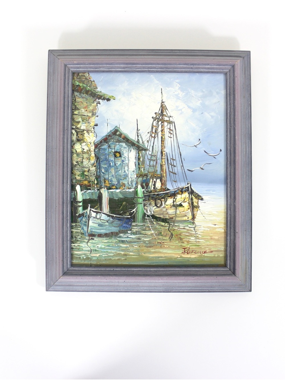 Signed Vintage Oil Painting, Marina Sailboats, Mid-Century Nautical Art